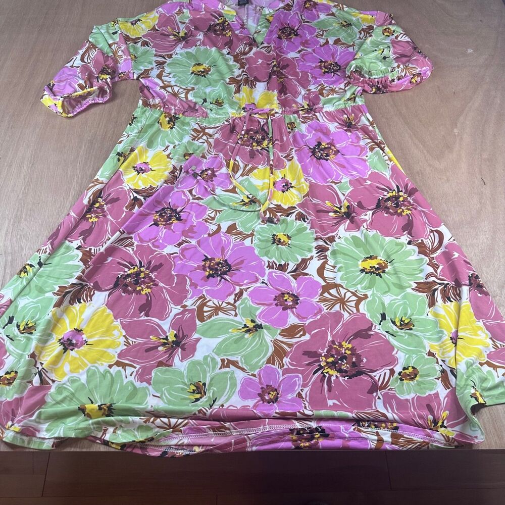 Lildy Floral Drawstring Waist Midi Dress S-M Pink Green Fall Boho Layering